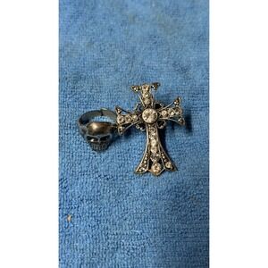 Gothic Skull Ring & Rhinestone Cross Pendant Lot – Silver Tone